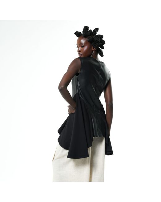 Metamorph Black Sleeveless Asymmetric Top With Vegan Leather