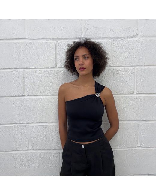 London Atelier Byproduct Black One Shoulder Top With Brooch