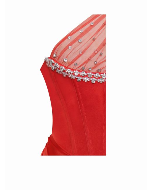 Miss Circle New York Red Lora Scarlet Crystal Embellished Mesh Satin Corset Gown