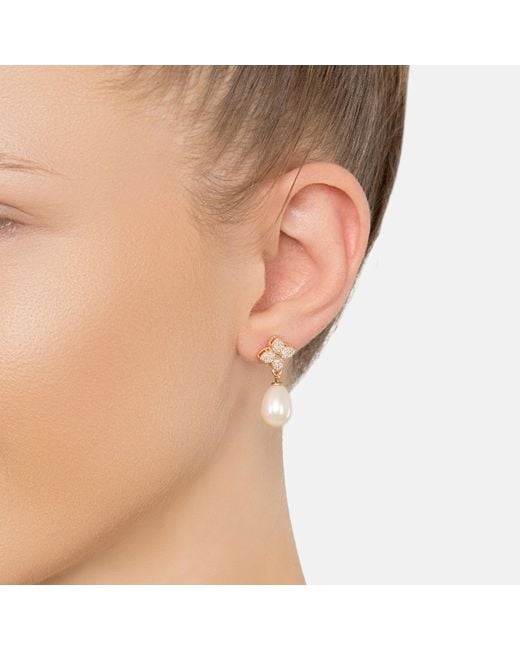 Latelita London White Rose Clover Flower Pearl Drop Cz Earrings Rosegold