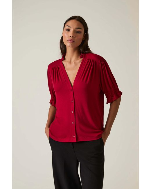 James Lakeland Red Burgundy V-Neck Jersey Blouse