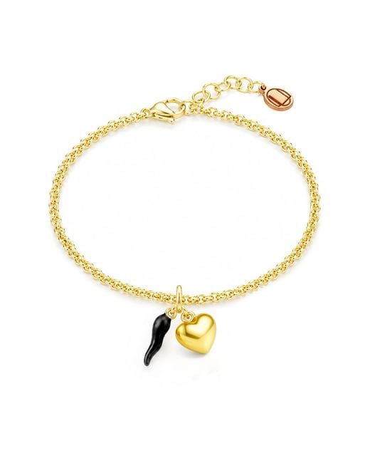 Unaloe Metallic Vermeil Cornicello & Heart Charm Bracelet – Enamel Italian Good Luck Jewelry, Handmade Lucky Talisman