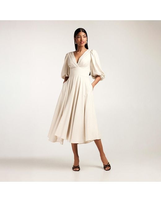 ALINA CERNĂTESCU Natural Neutrals Swan Sustainble Linen Bamboo Cockail And Elegant Day-To-Night Midi Dress