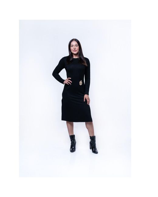 House of Gl Black Onyx Luxury Stretch Knit Long Sleeve Midi Dress With Lotus Emblem
