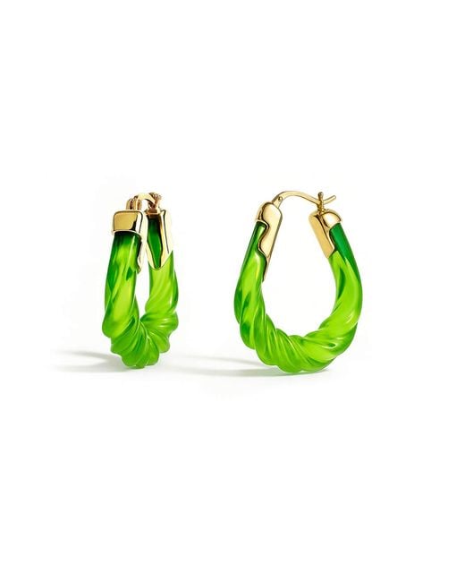 Gold & Honey Green Peridot Rope Twist Oval Lucite Birthstone Hoop Earrings