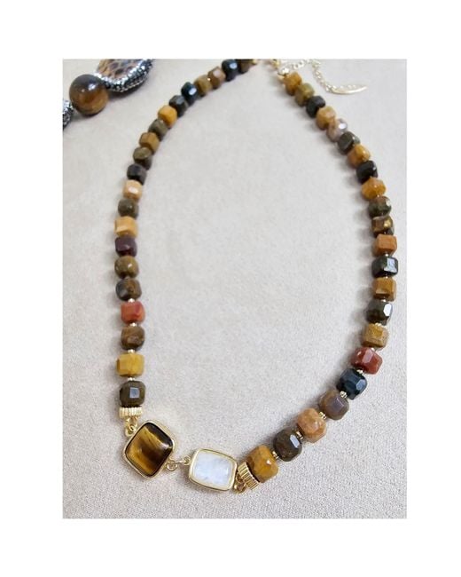 Farra Metallic Cube Shaped Tiger Eye With Moonstone Necklace