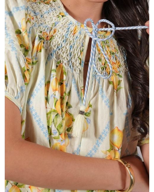 Rose & Nancy Yellow Kirsten Lemon Print Smock Detail Cotton Blouse
