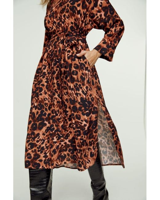 Conquista Red Animal Print Midi Dress With Side Slits