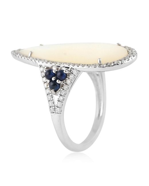 Artisan Metallic 18k White Gold With Pave Diamond & Blue Sapphire And Mother Of Pearl Cocktail Ring Jewelry