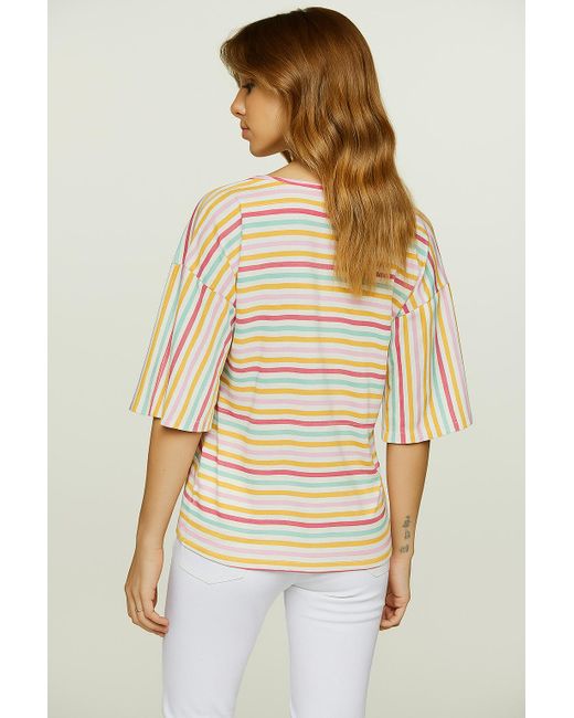 Conquista Multicolor Striped Oversized Cotton Ripstop Top With Elbow-Length Sleeves