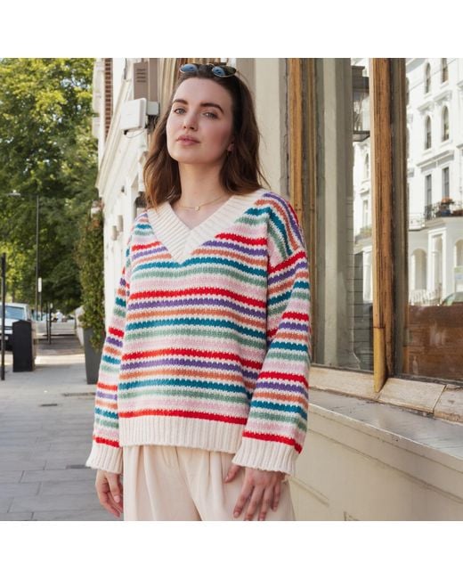 Cara & The Sky Red Jasmine Wide Sleeve V Neck Striped Jumper