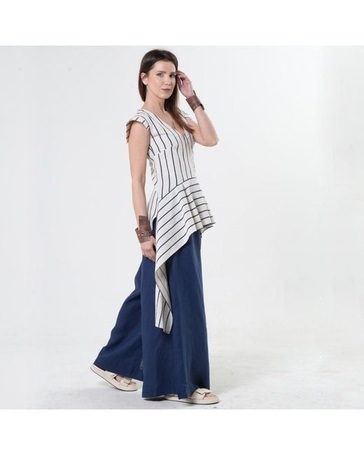 Metamorph Blue Asymmetric Linen Top On Stripes