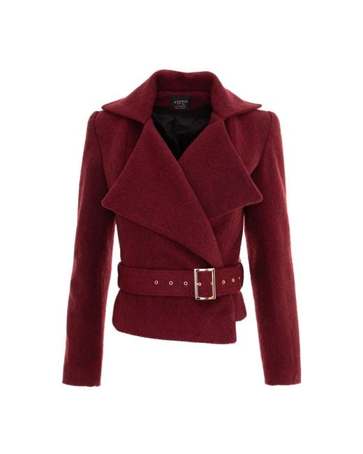 AVENUE No.29 Red Wool Double Breasted Wide Lapel Jacket With Belt
