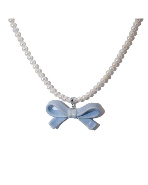 H2 Studio Blue Bowtie Maniac Medium Ribbon Bowtie Round Freshwater Pearl Necklaces Rock