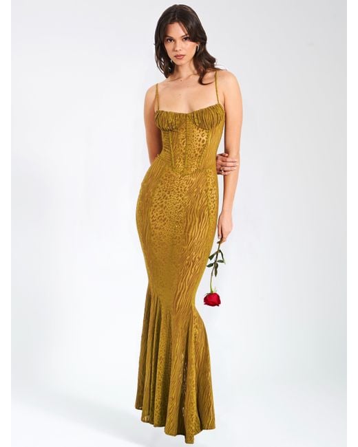 Miss Circle New York Green Ulani Burnout Velvet Detail Mesh Maxi Dress