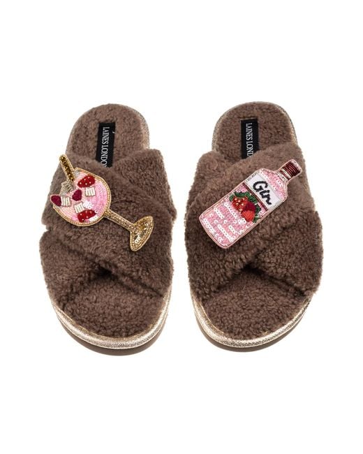 Laines London Brown Neutrals Laines Neutral Boucle Slippers With Gin & Glass Brooches