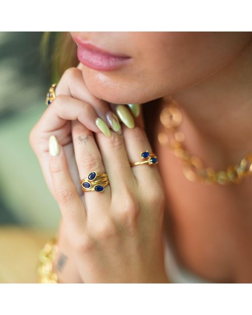 Ebru Jewelry Metallic Trio Sapphire Gemstone & Stylish Adjustable Cocktail Ring
