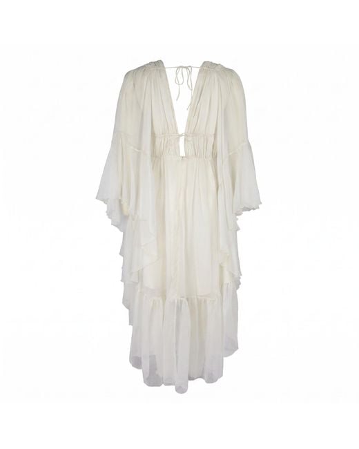 Modenaire White Vacation Style Ruffle Sleeve Maxi Dress With Plunging Neck & Tie Waist