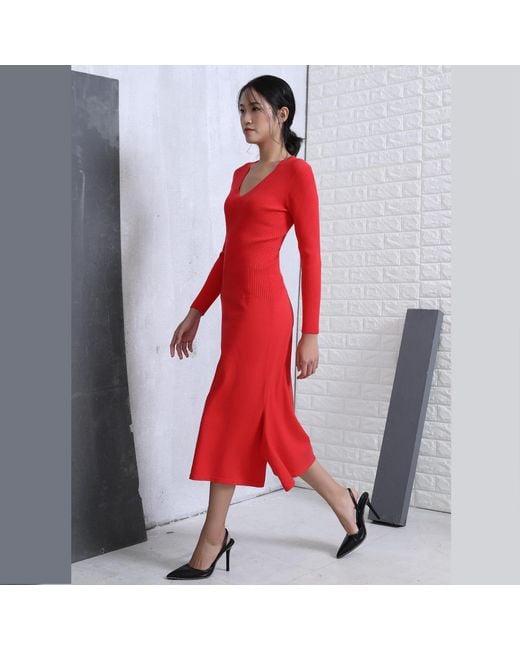 Smart and Joy Red Slim V-Neck Sweater Midi Dress