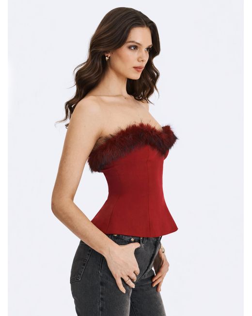 Miss Circle New York Red Ivette Crimson Fur-Trimmed Peplum Top