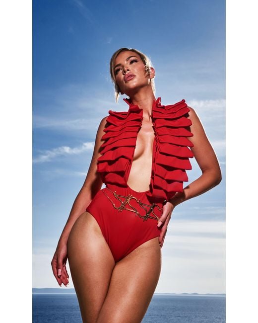 ANTONINIAS Red Dahlia Plunge One-Piece Swimsuit