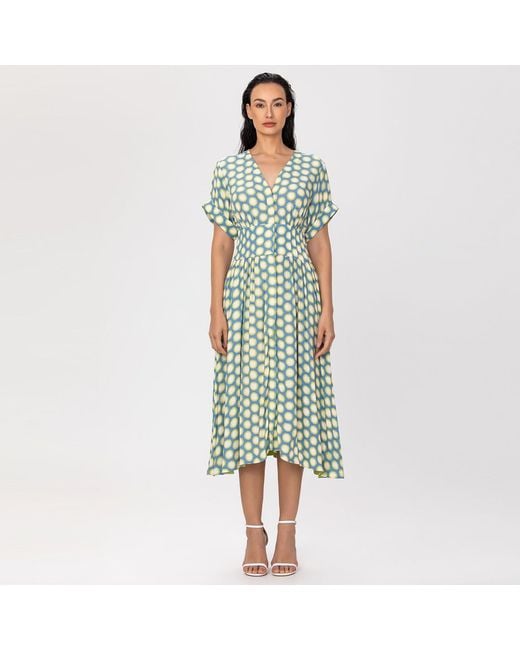 Smart and Joy Green Fit-And-Flare Dots Print Blouse-Dress