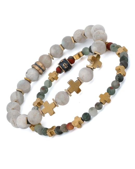 Ebru Jewelry Metallic Labradorite & Africa Bloodstone Cross Beaded Bracelet Set for men