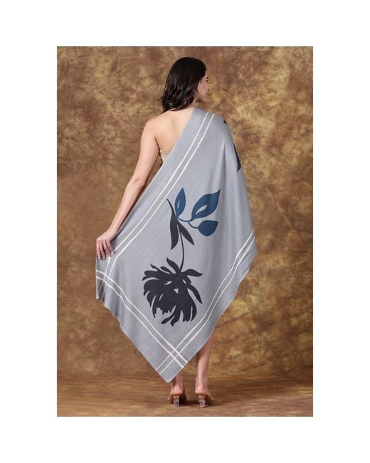 Heritagemoda Blue Luxury Wool-Silk Scarf – Hand-Painted With Deep & Charcoal Floral Design for men