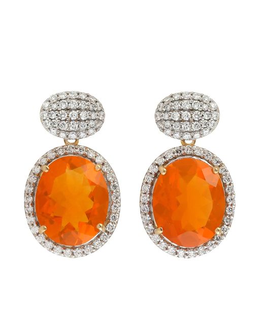 Artisan Orange Oval Shape Fire Opal & Pave Natural Diamond In 14k Gold Antique Dangle Earrings