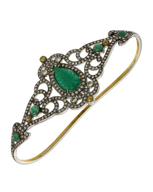 Artisan Green Carving Emerald & Diamond Pave Elegant Palm Bracelet In 18k Gold With Sterling Silver