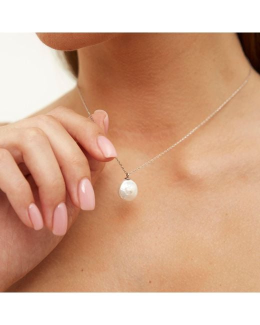 Spero London Metallic Baroque Flat Pearl Coin Pendant Necklace Sterling