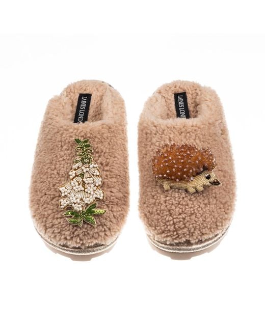 Laines London Natural Neutrals Teddy Closed Toe Slippers With Hedgehog & Foxglove Brooches