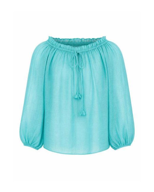 Exquise Blue Long Sleeve Decorative Tie Neck Regular Blouse