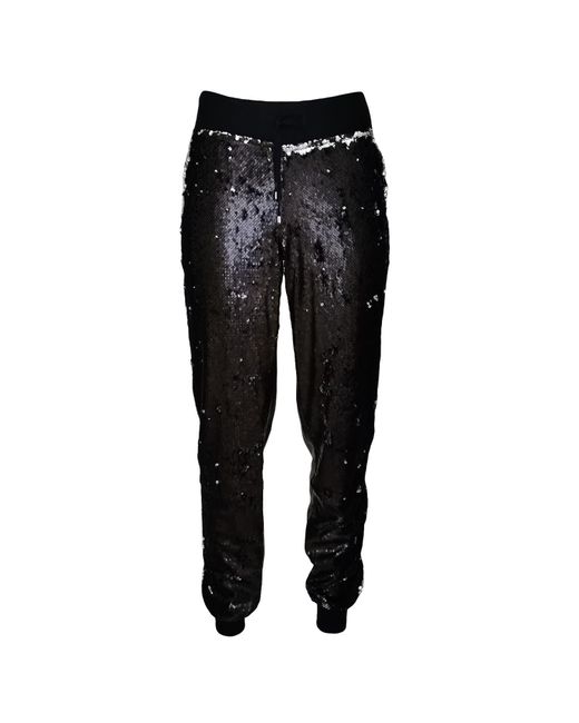 Lalipop Design Double-sided Sequined Black Faux Leather Track Pants