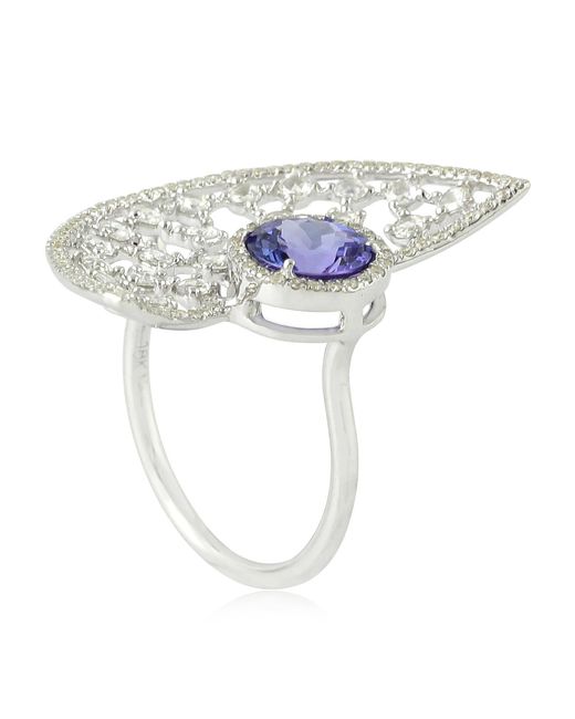 Artisan Metallic Natural Tanzanite Designer Cocktail Ring 18k White Gold