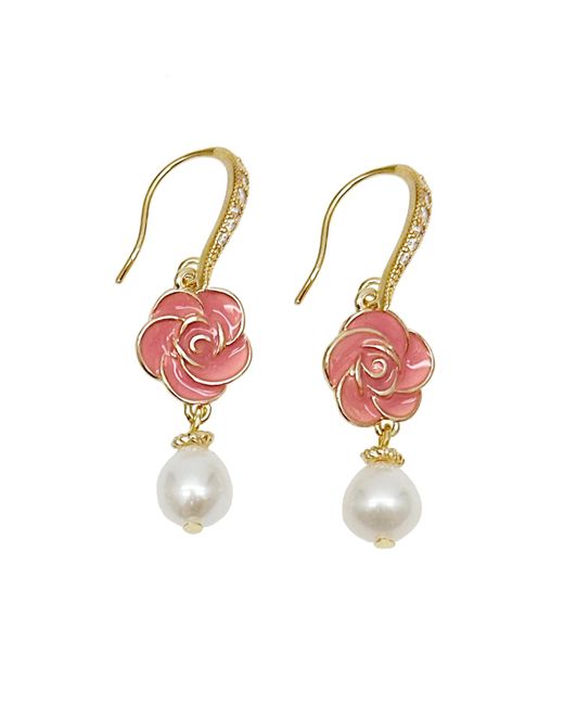Farra Metallic Timeless Pink Rose With Freshwater Pearls Dangle Earrings