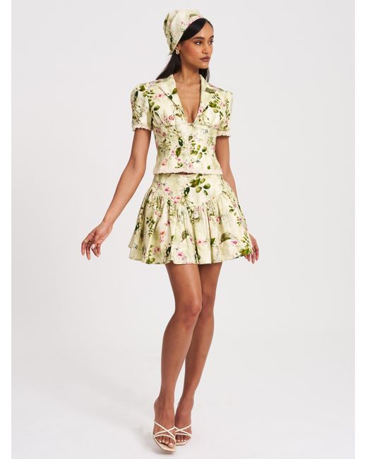 Miss Circle New York Green Zanella Floral Print Lace Trim Linen Top
