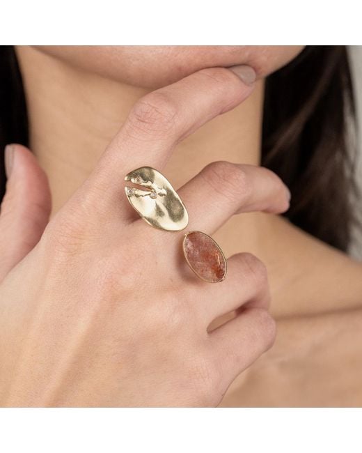 Rare Matters Jewelry Brown Floating Stone Strawberry Quartz Huggie Ring