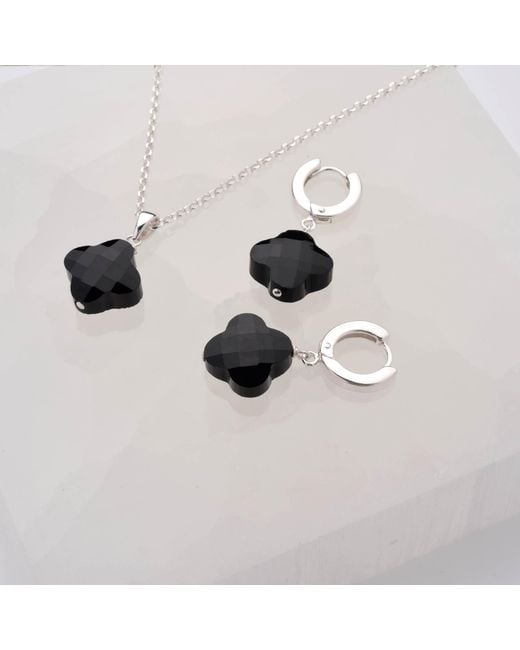 Nellou Jewellery Black Clover Gem Hoop Earrings Agate Sterling