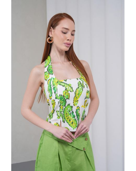 Lumina Eligma Green The Halterline Linen Blouse