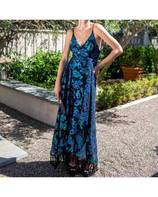 Jennafer Grace Blue Absinthia Fringe Faux Wrap Dress