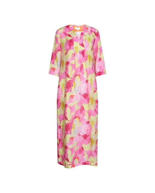 NoLoGo-chic Pink Hibiscus Hill Print Linen Maxi Dress -lime