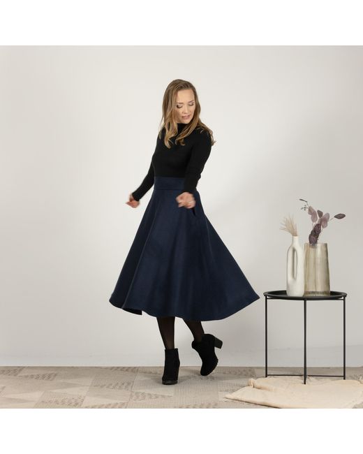 Nikka Place Blue Dark Wool Skirt Below The Knee With High Waist & Pockets