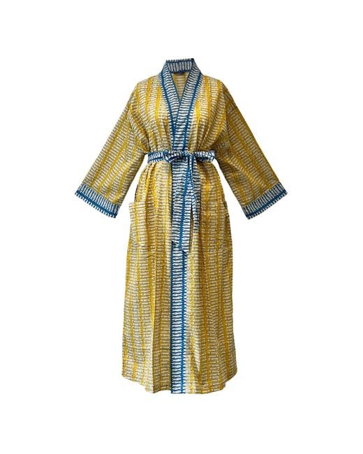 Lime Tree Design Blue Ochre And Fish Cotton Full Length Resort Kimono Robe