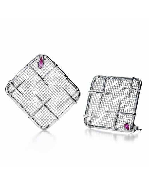 German Kabirski Metallic Takhi Lightweight Sterling & Titanium Mesh Earrings With Natural Ruby