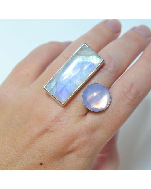 Glamrocks Jewelry Blue Double Moonstone Two Finger Statement Ring