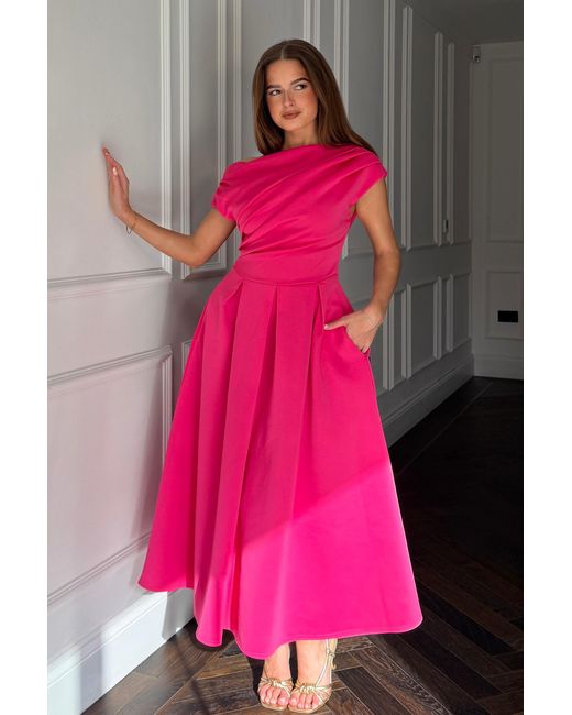 Girl In Mind Pink Betty Asymmetric Neckline Skater Midi Hot