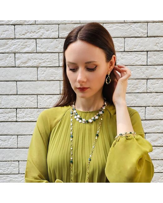 Farra Metallic Coin Shaped Malachite And Freshwater Pearls With Flower Chain Versatile Necklace