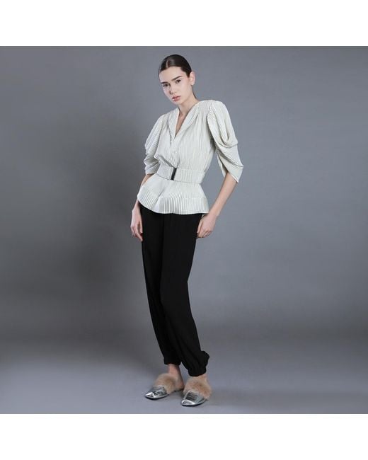 Silvia Serban Gray V-Neck Pleated Ivory Satin Blouse
