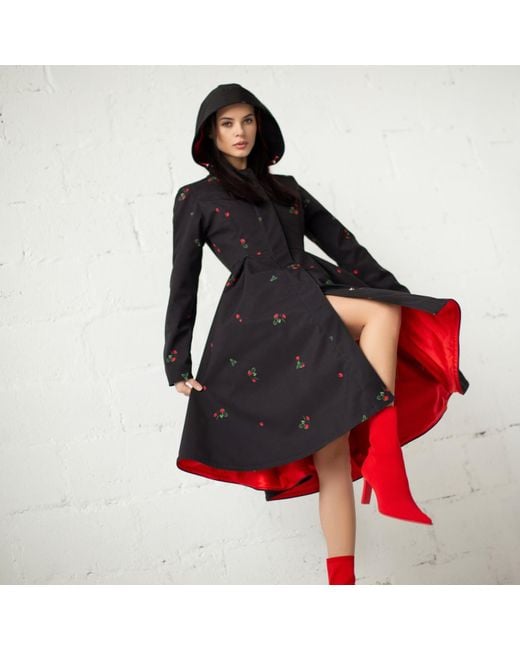 RainSisters Black Waterproof Coat With Strawberry Print: Wild Strawberry